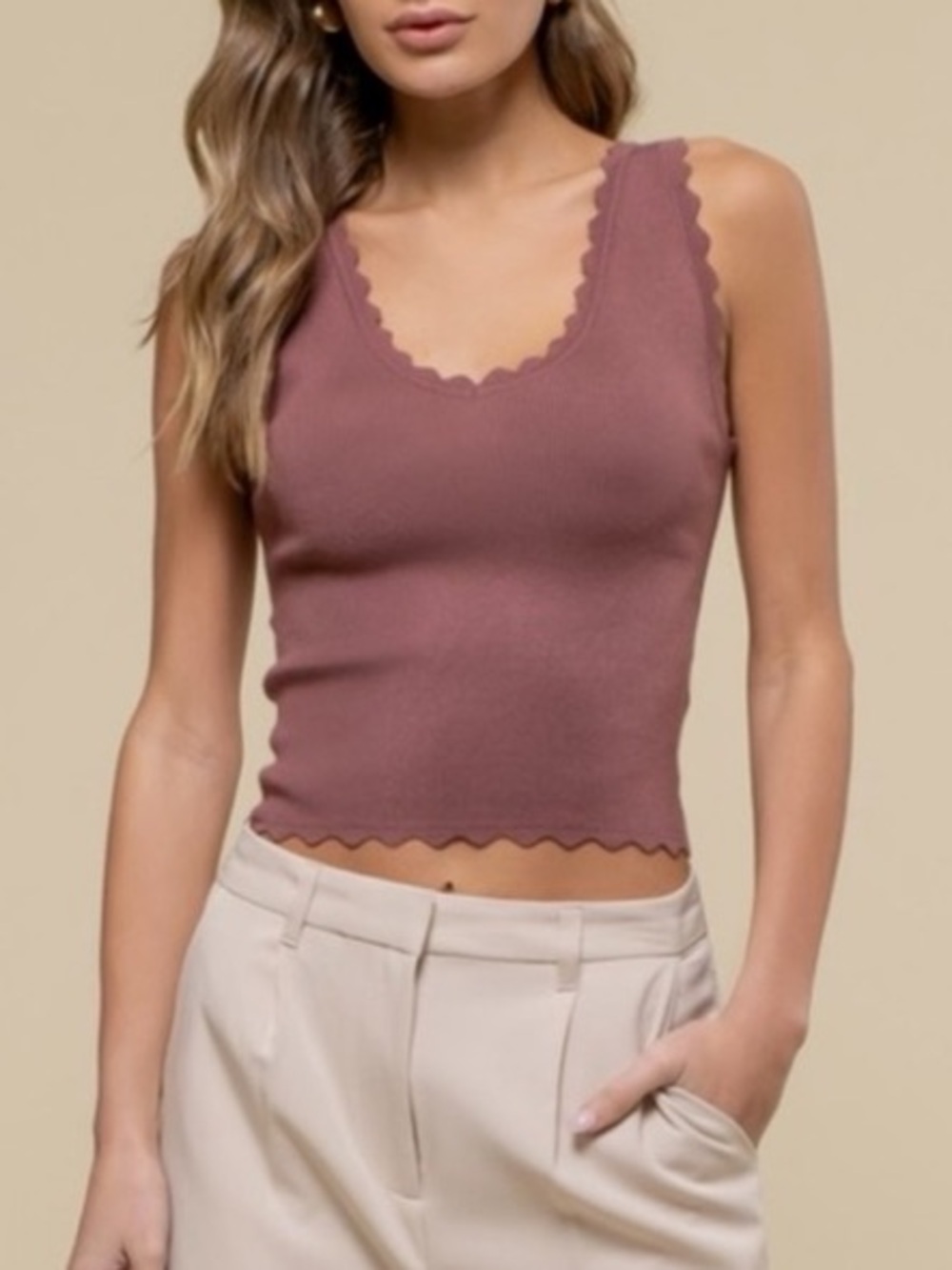 The Workshop Dusty Plum Scalloped Edge Tank Top Women’s Size Large